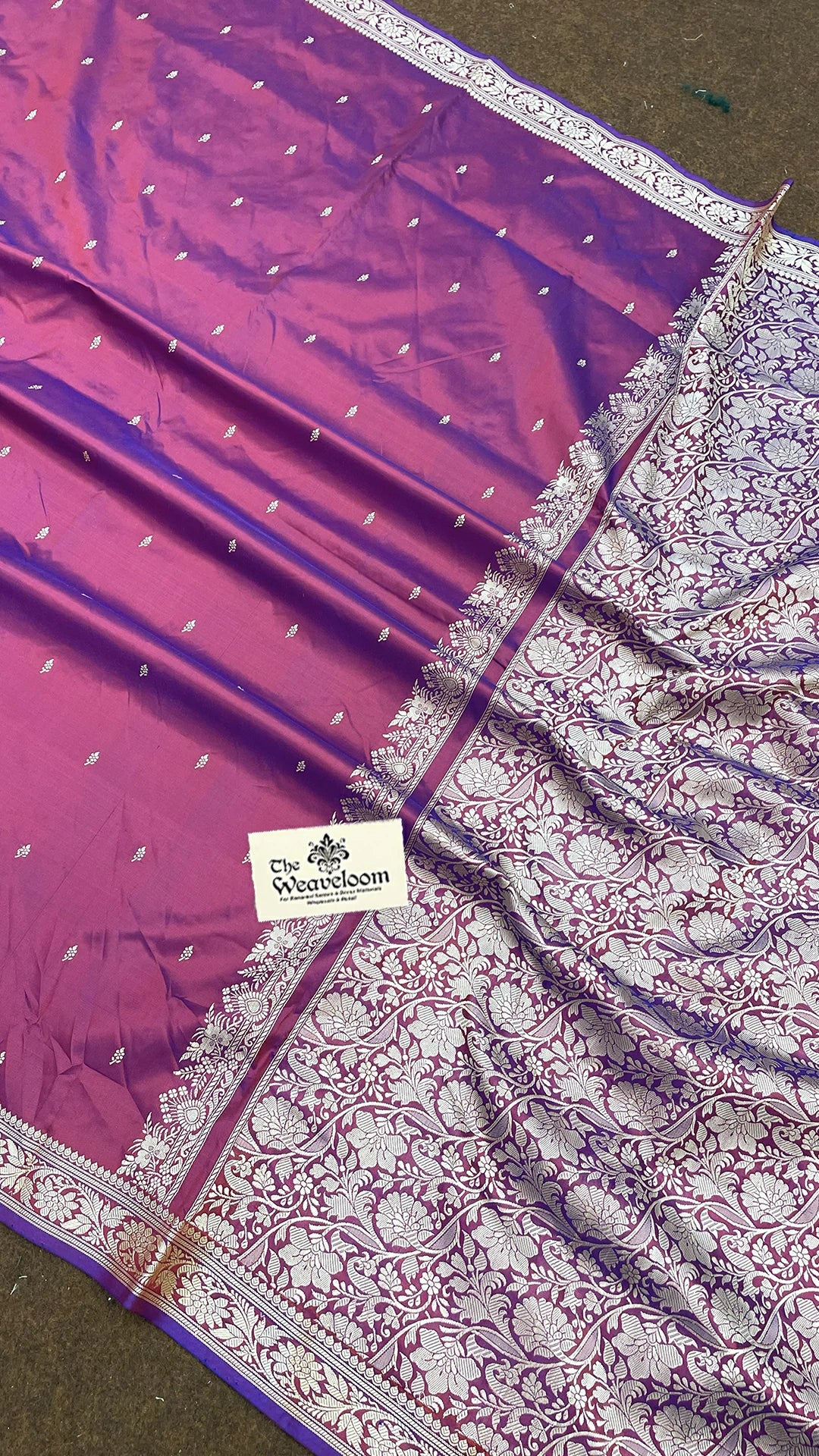 Magenta Pink Dual Tone Pure Katan Silk Handloom Banarasi Saree with Silver Zari Border by The Weaveloom