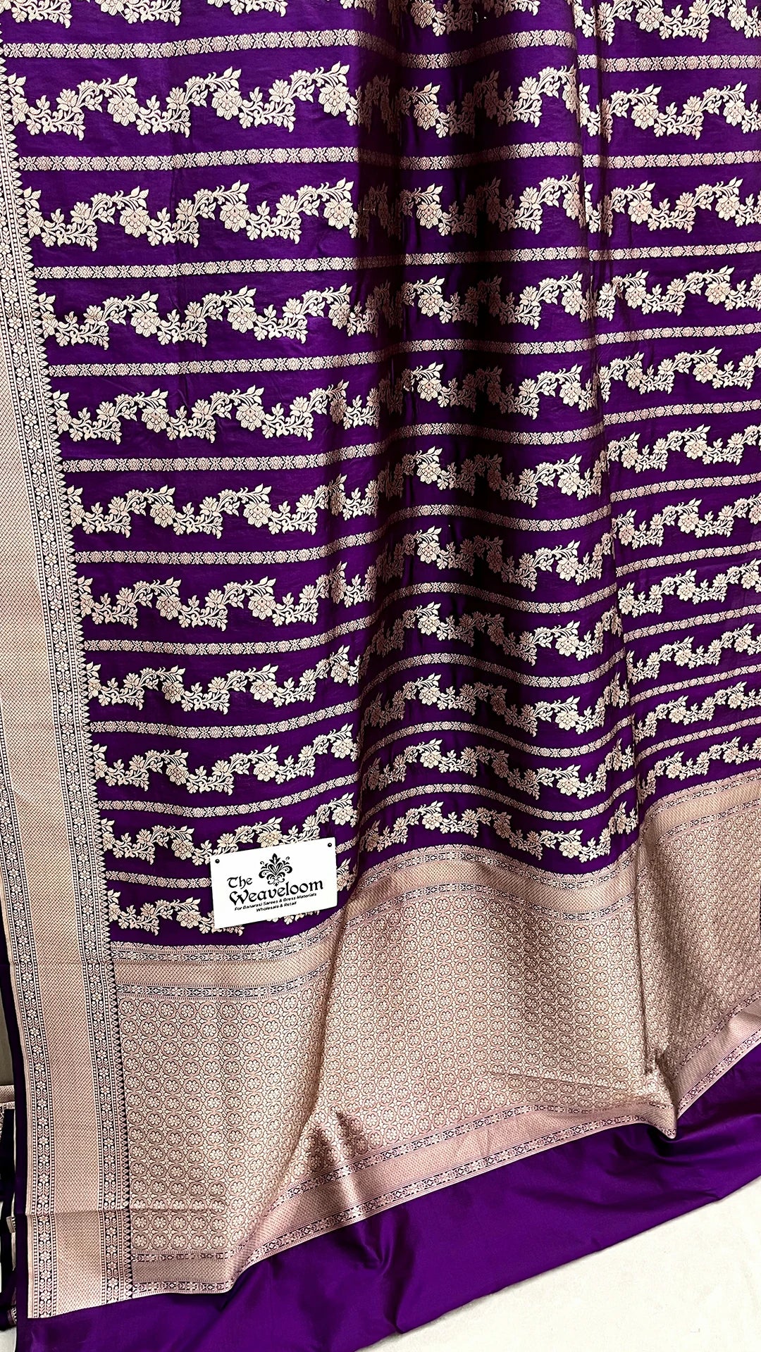 Magenta Pure Katan Silk Banarasi Saree with Zari Floral Stripes by The Weaveloom