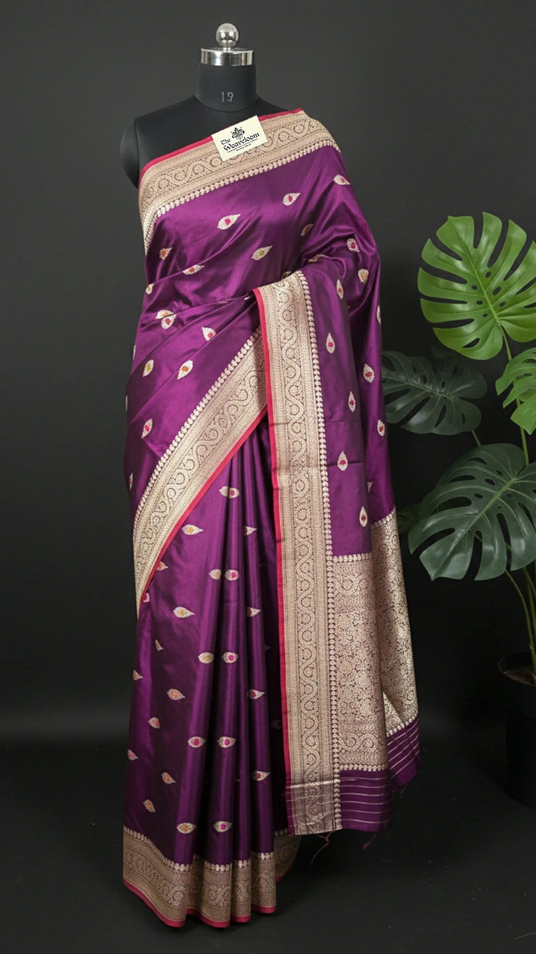 Magenta Pure Katan Silk Handloom Banarasi Saree with Meenakari Leaf Buti Zari Border by The Weaveloom