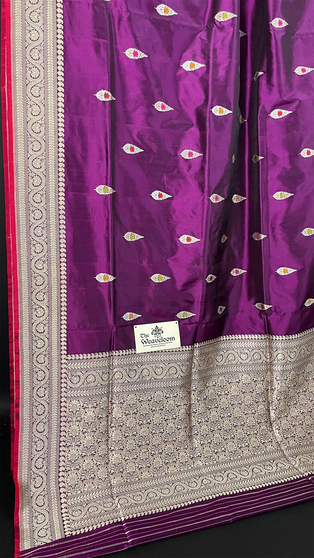 Magenta Pure Katan Silk Handloom Banarasi Saree with Meenakari Leaf Buti Zari Border by The Weaveloom