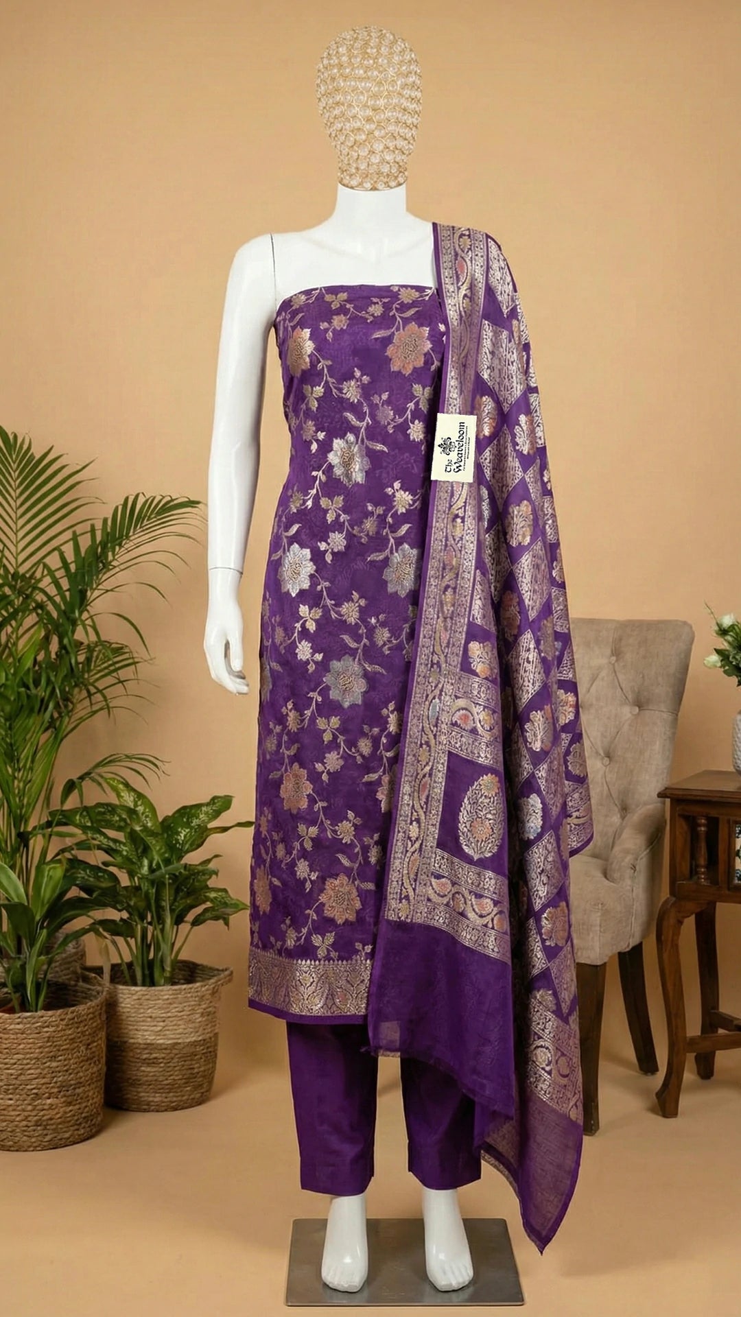 Magenta Pure Khaddi Georgette Banarasi Dress Material with Water Zari Dupatta by The Weaveloom