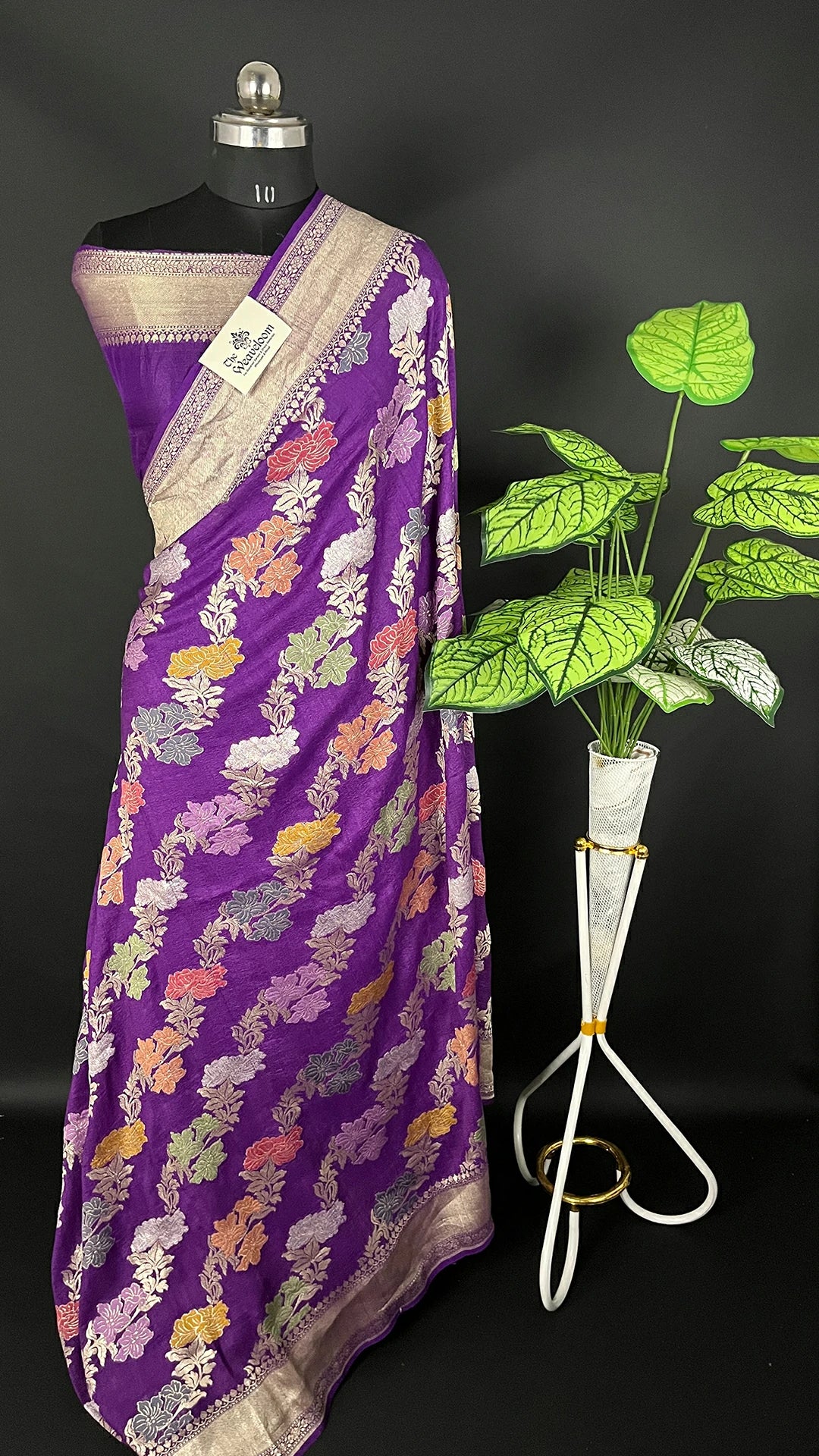 Magenta Pure Tussar Georgette Meenakari Banarasi Saree by The Weaveloom with antique silver-gold zari border, floral jangla and running blouse