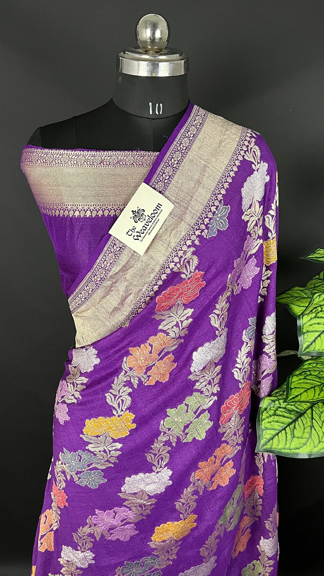 Magenta Pure Tussar Georgette Meenakari Banarasi Saree by The Weaveloom with antique silver-gold zari border, floral jangla and running blouse