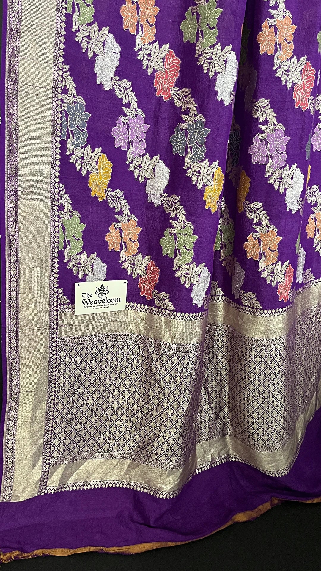 Magenta Pure Tussar Georgette Meenakari Banarasi Saree by The Weaveloom with antique silver-gold zari border, floral jangla and running blouse