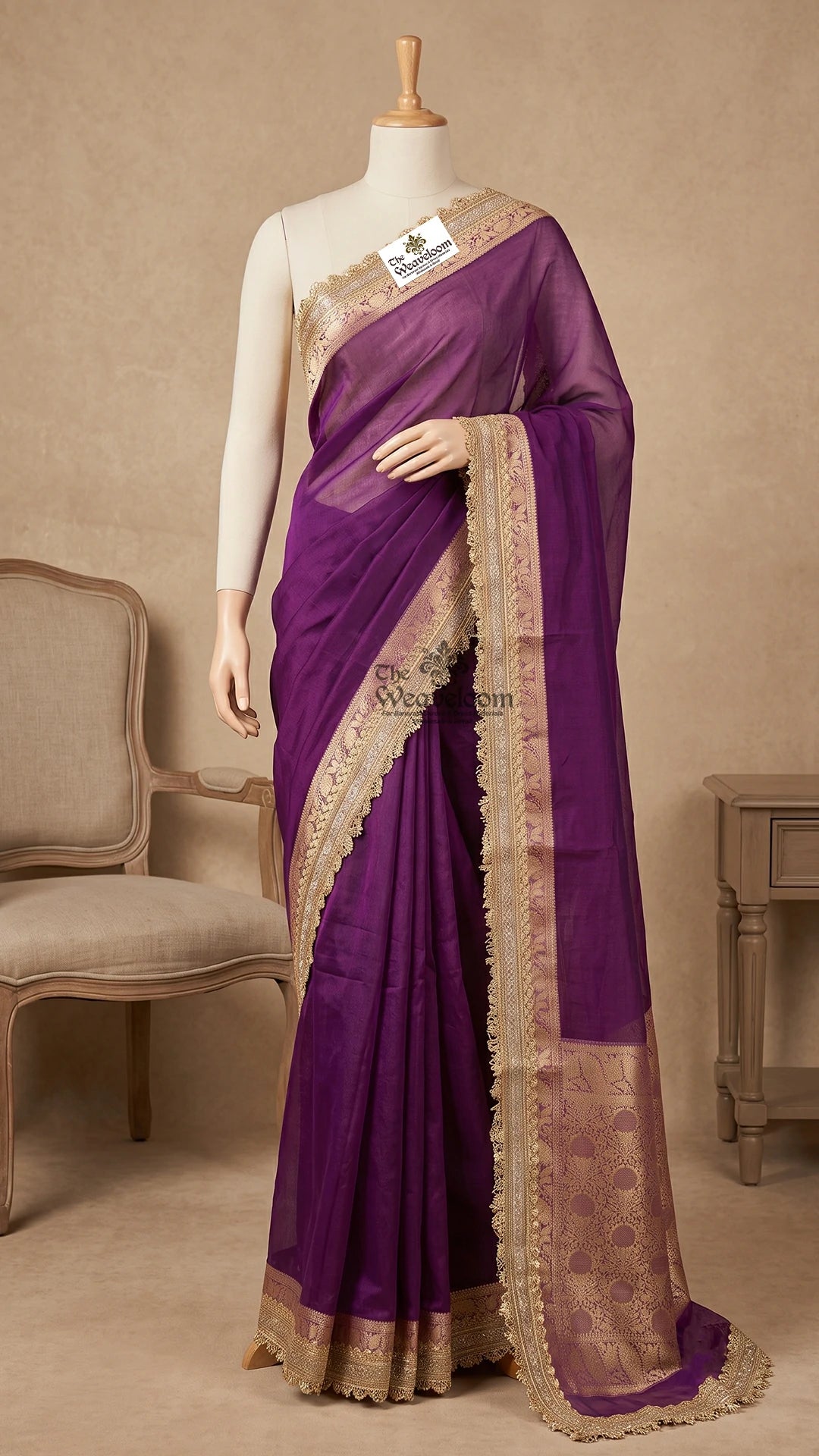 Magenta solid tissue silk pure Banarasi saree with lace border by The Weaveloom