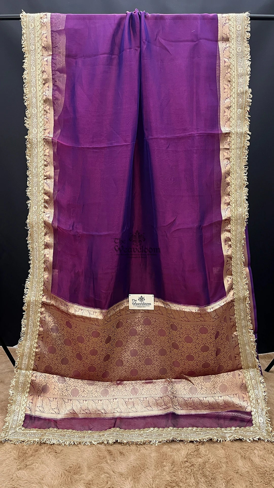 Magenta solid tissue silk pure Banarasi saree with lace border by The Weaveloom
