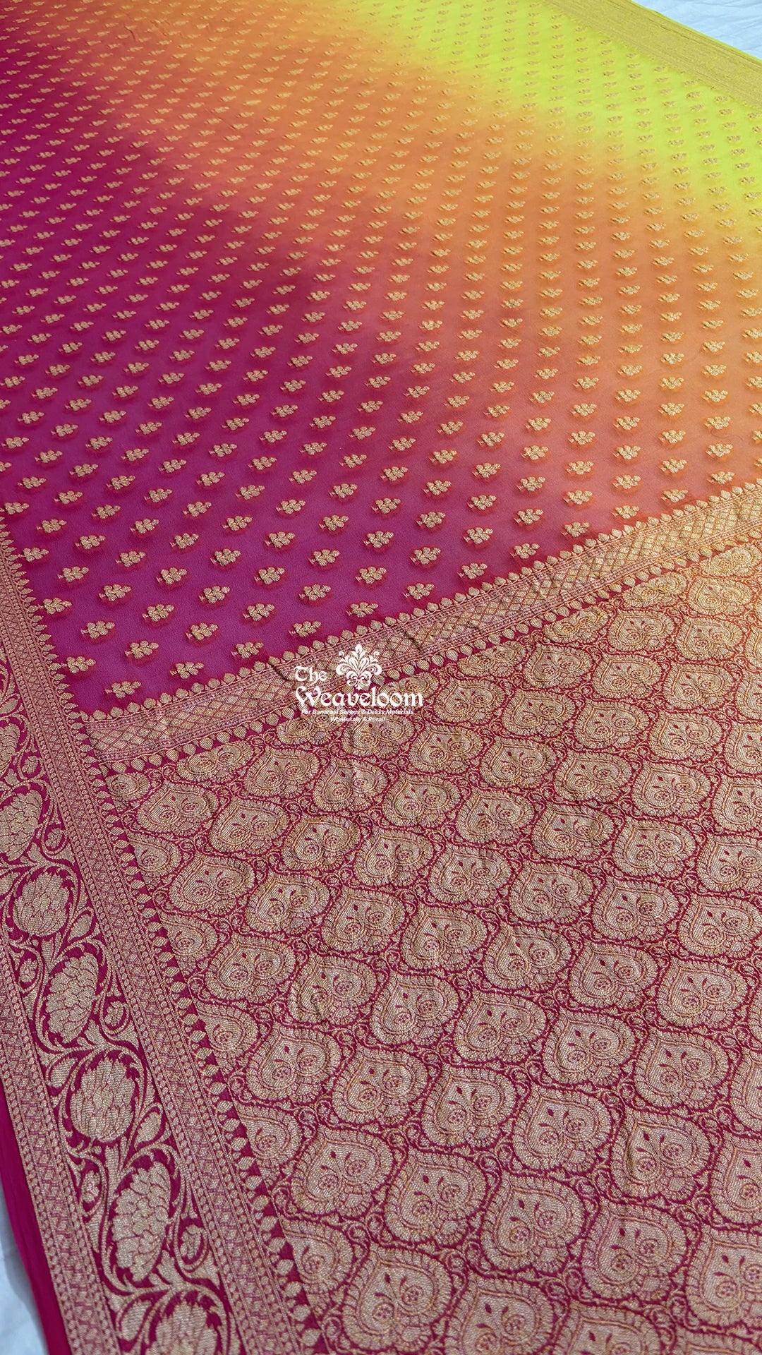 Magenta tri-shade booti motif pure crepe georgette Banarasi saree by The Weaveloom