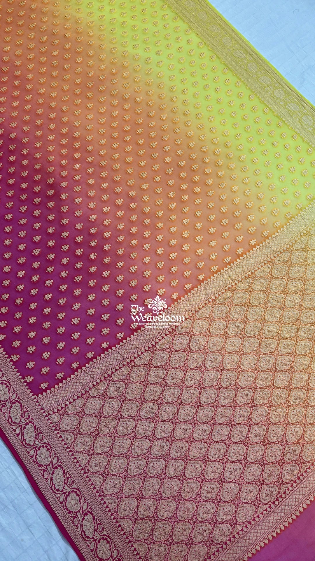 Magenta tri-shade booti motif pure crepe georgette Banarasi saree by The Weaveloom