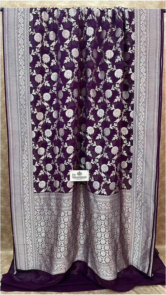 Magenta Khaddi Georgette Banarasi Saree with Silver Zari by The Weaveloom