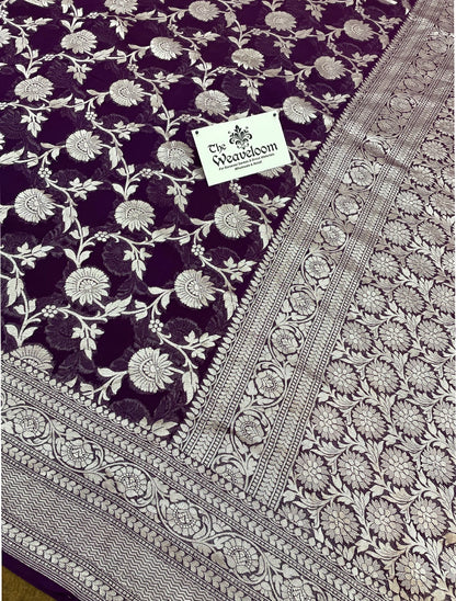 Magenta Khaddi Georgette Banarasi Saree with Silver Zari by The Weaveloom