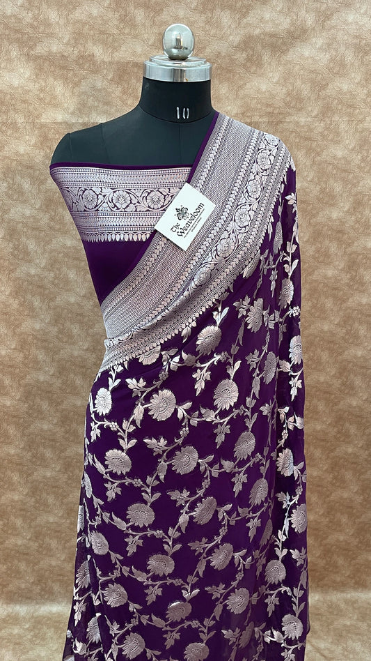The Weaveloom Magenta Khaddi Georgette Water Zari Pure Banarasi Saree with Floral Jaal Work