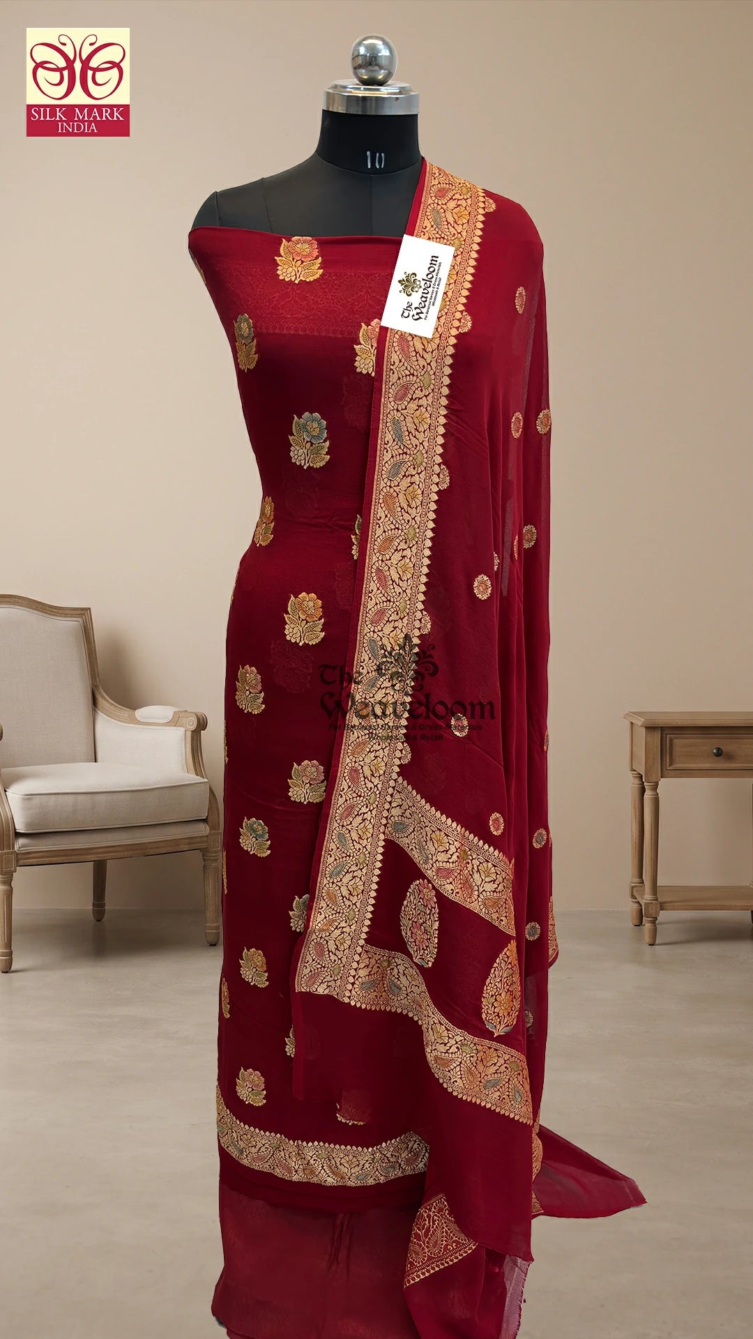 Maroon Floral Buti Khaddi Georgette Pure Banarasi Dress Material with Handbrush Paisley Border by The Weaveloom