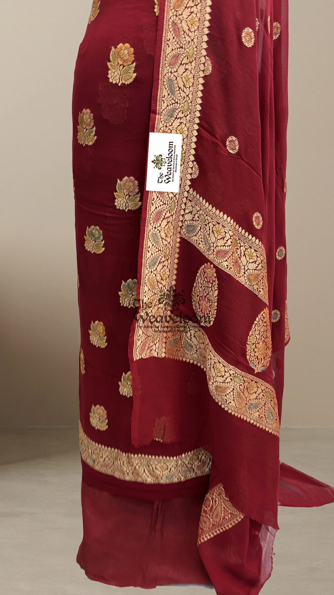 Maroon Floral Buti Khaddi Georgette Pure Banarasi Dress Material with Handbrush Paisley Border by The Weaveloom