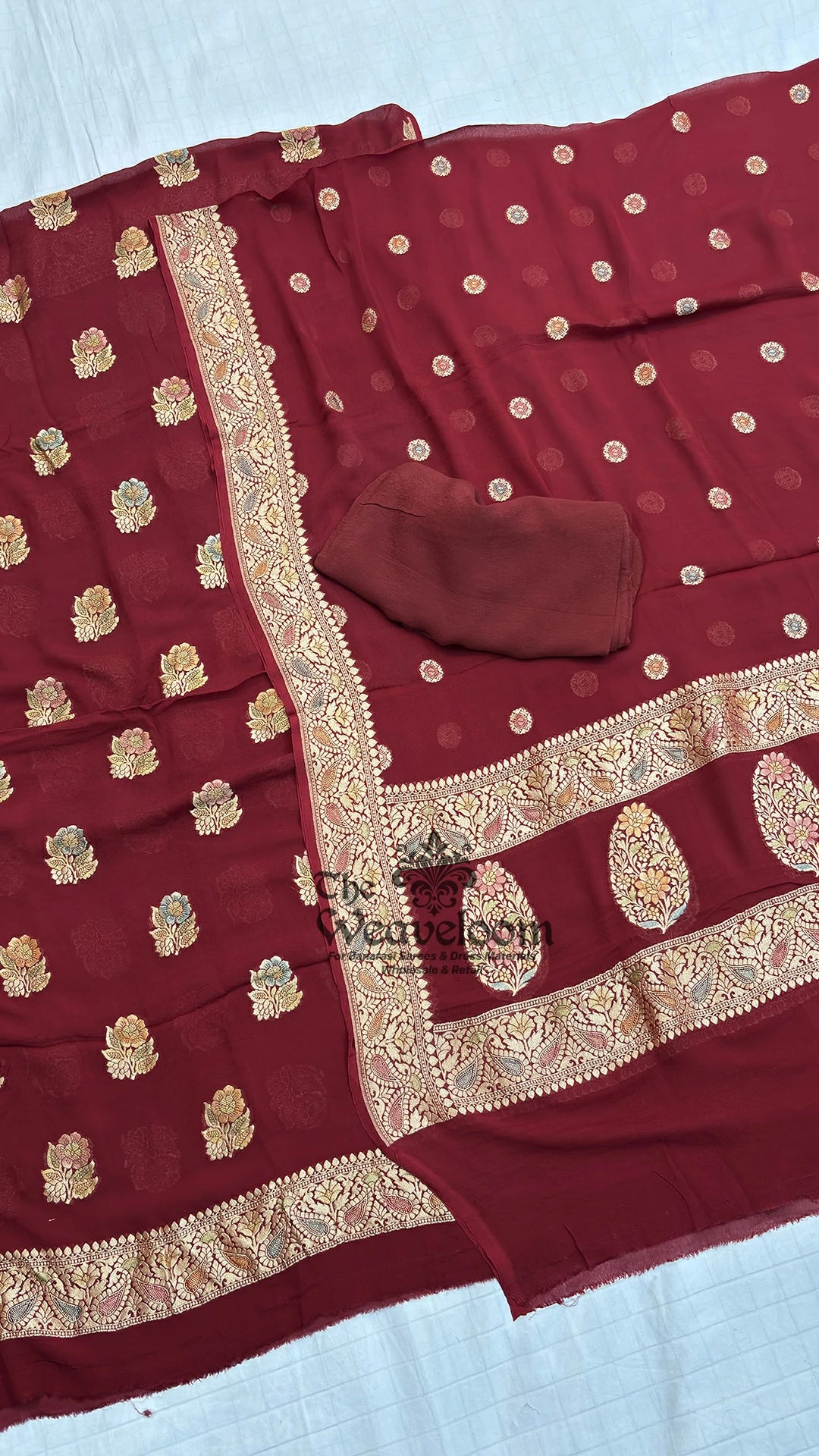 Maroon Floral Buti Khaddi Georgette Pure Banarasi Dress Material with Handbrush Paisley Border by The Weaveloom