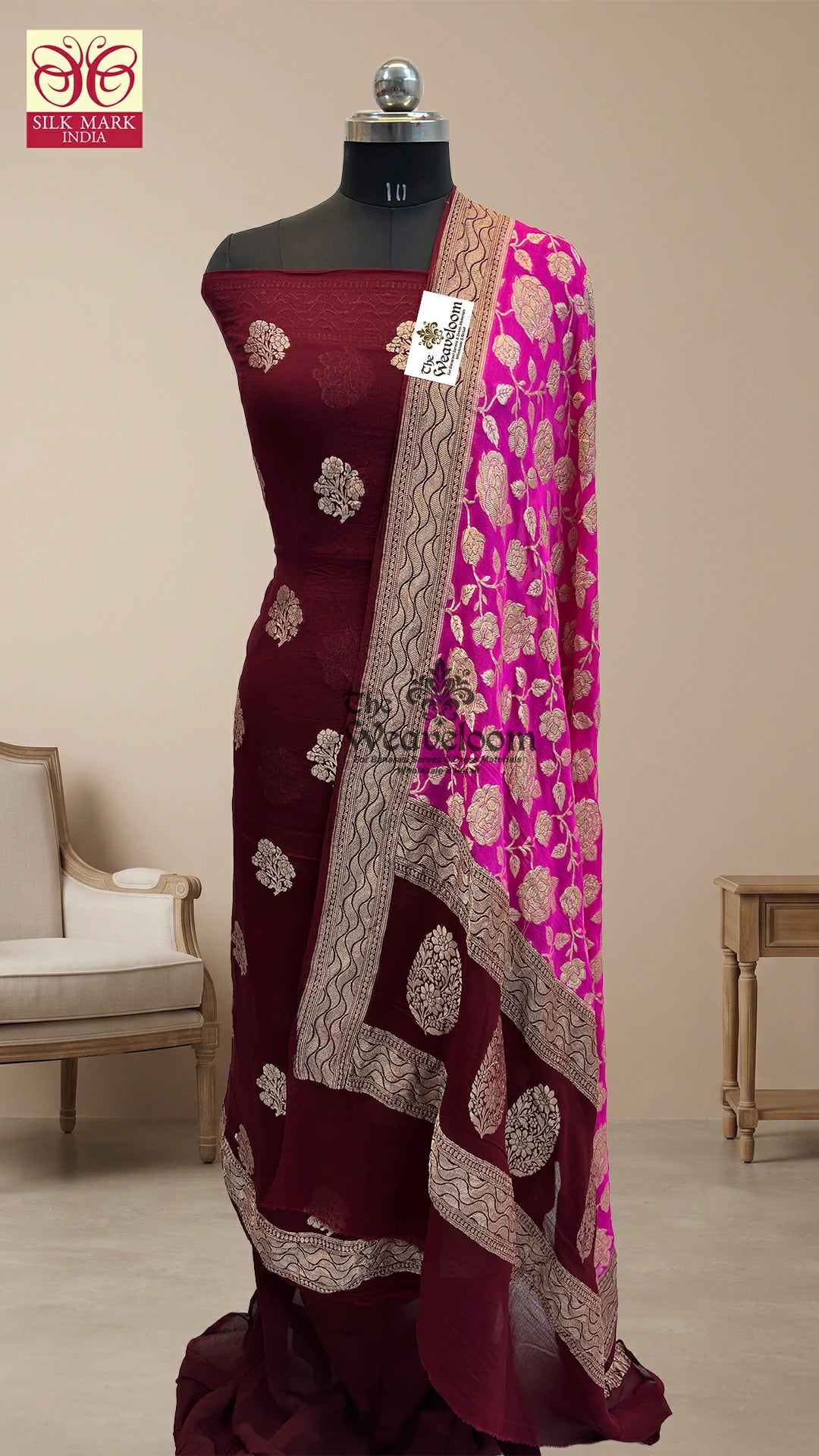 Maroon Floral Buti Rani Rose Jaal Dupatta Khaddi Georgette Pure Banarasi Dress Material by The Weaveloom
