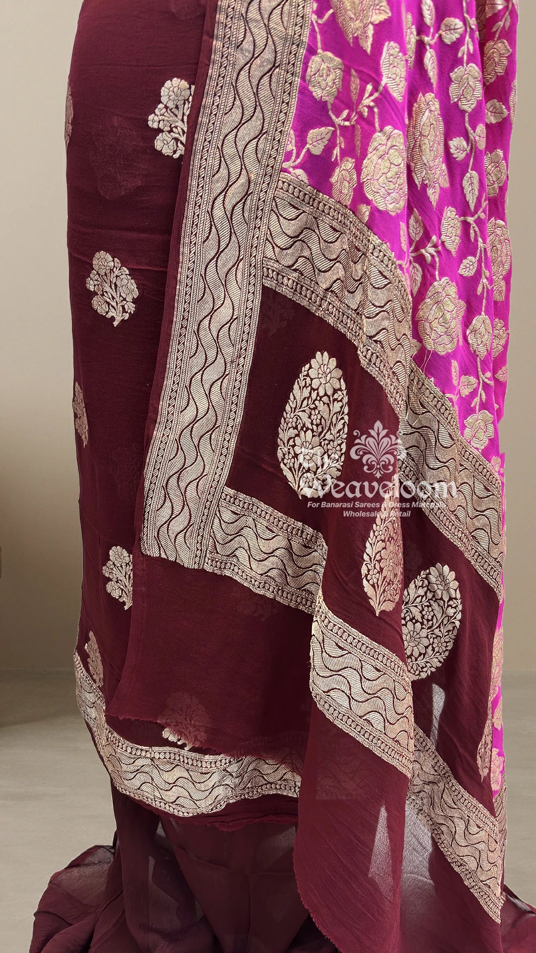 Maroon Floral Buti Rani Rose Jaal Dupatta Khaddi Georgette Pure Banarasi Dress Material by The Weaveloom
