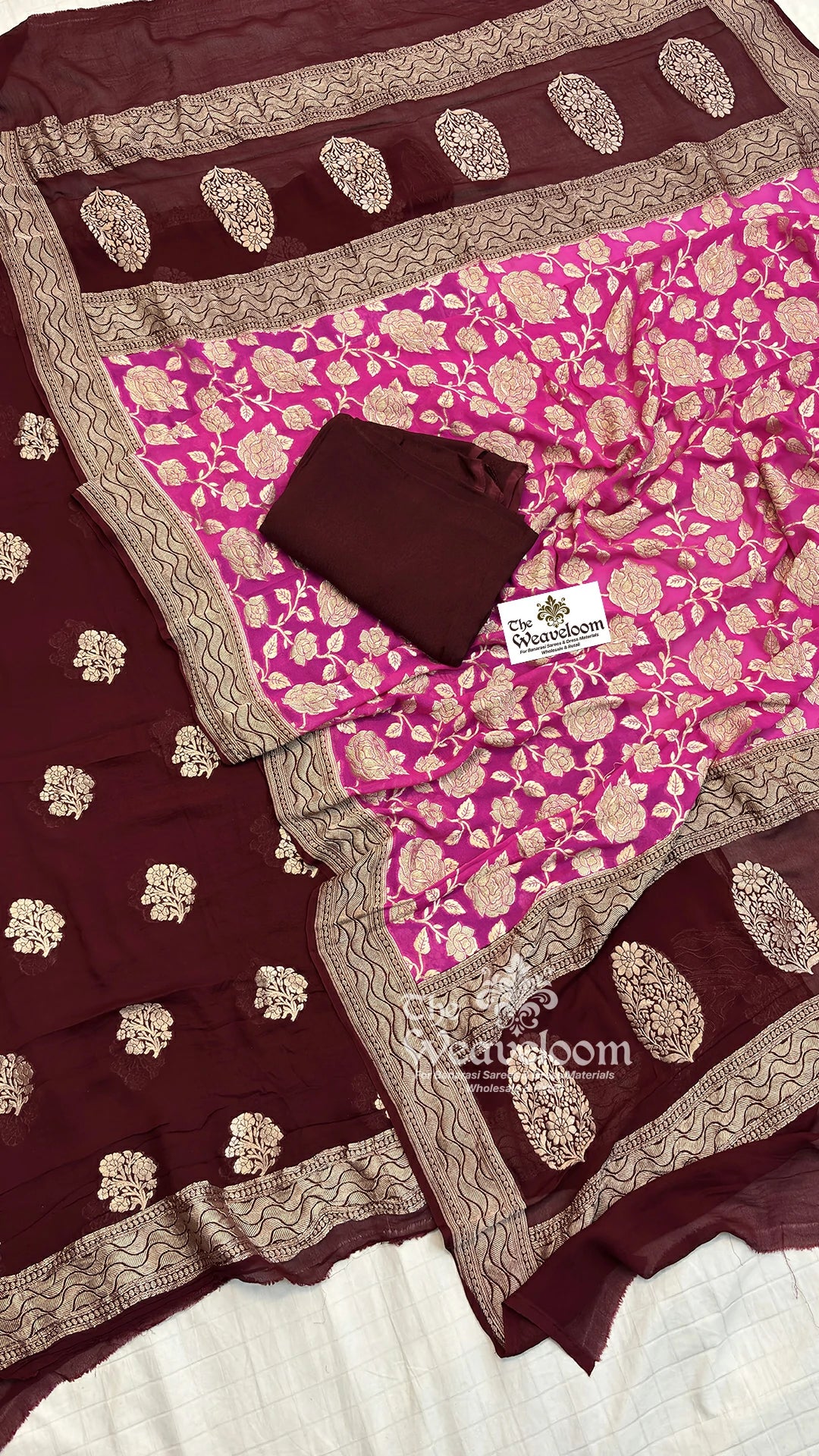 Maroon Floral Buti Rani Rose Jaal Dupatta Khaddi Georgette Pure Banarasi Dress Material by The Weaveloom