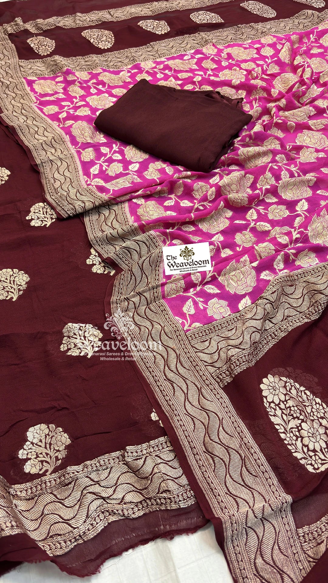Maroon Floral Buti Rani Rose Jaal Dupatta Khaddi Georgette Pure Banarasi Dress Material by The Weaveloom