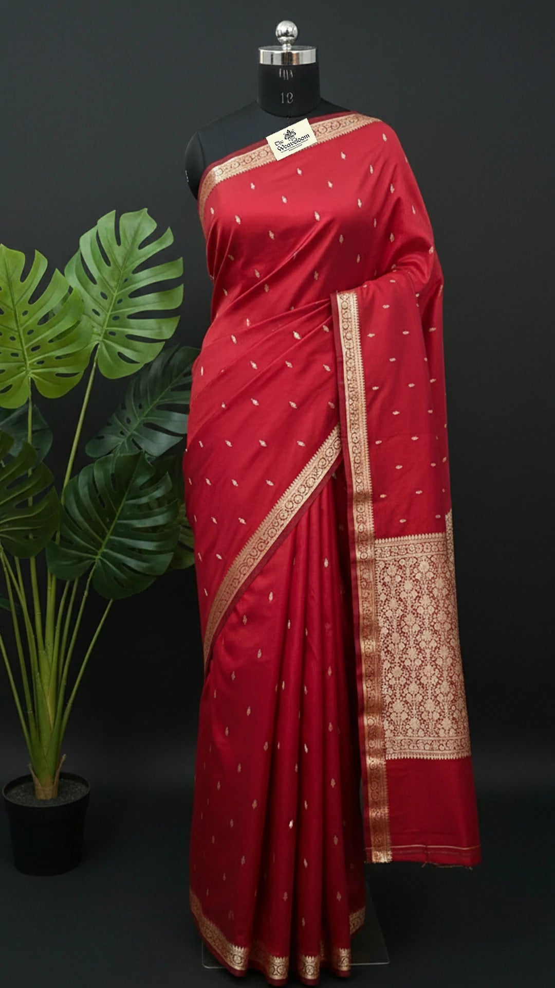 Maroon Katan Silk Pure Handloom Banarasi Saree with Gold Zari Booti by The Weaveloom