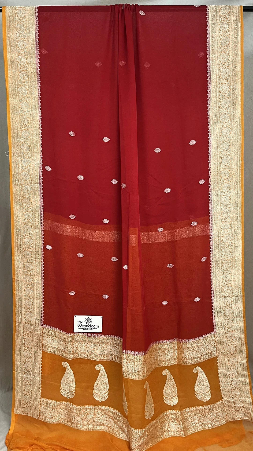 Maroon Khaddi Georgette Banarasi Saree with Silver Zari Border and Paisley Pallu by The Weaveloom