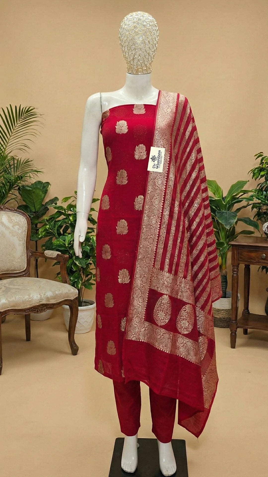 Maroon Khaddi Georgette Pure Banarasi Dress Material with Water Zari Dupatta by The Weaveloom