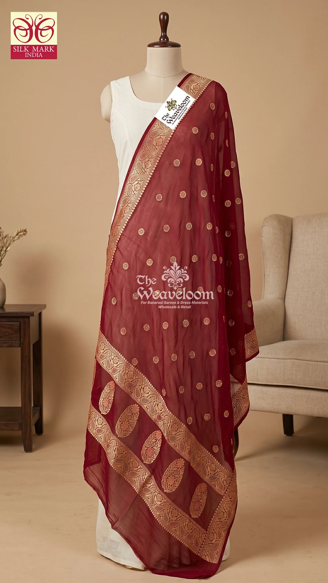 Maroon meenakari buti Khaddi Georgette pure Banarasi dupatta with gold zari border by The Weaveloom