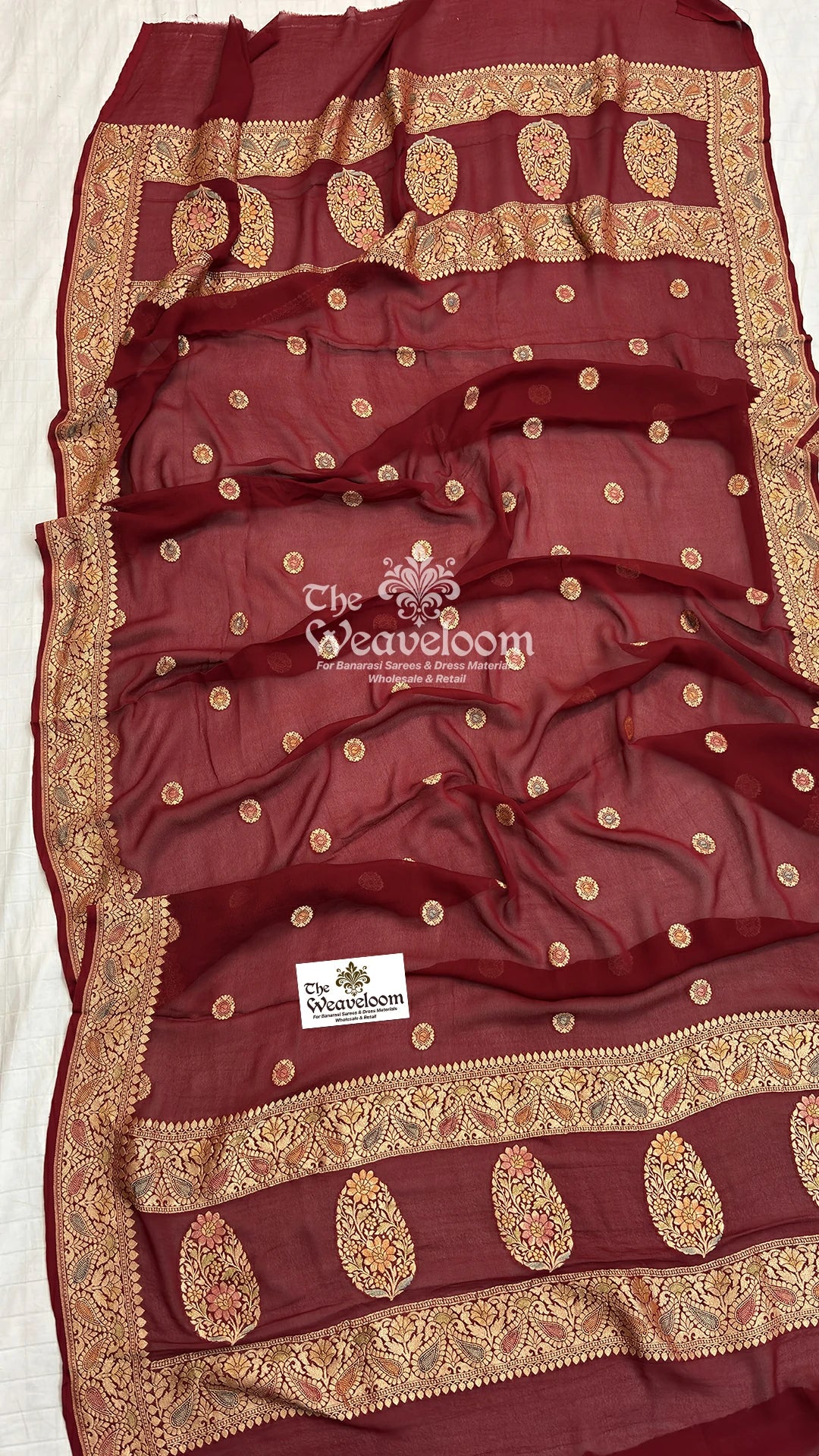Maroon meenakari buti Khaddi Georgette pure Banarasi dupatta with gold zari border by The Weaveloom