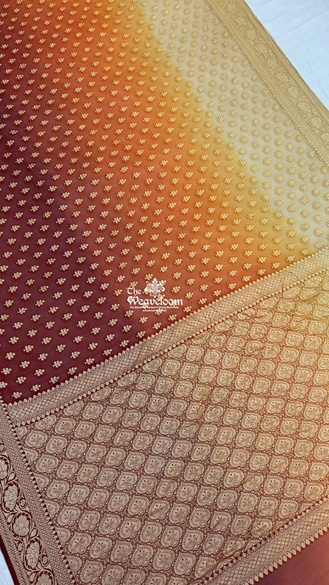 Maroon ombre triple shade booti pure crepe georgette Banarasi saree by The Weaveloom