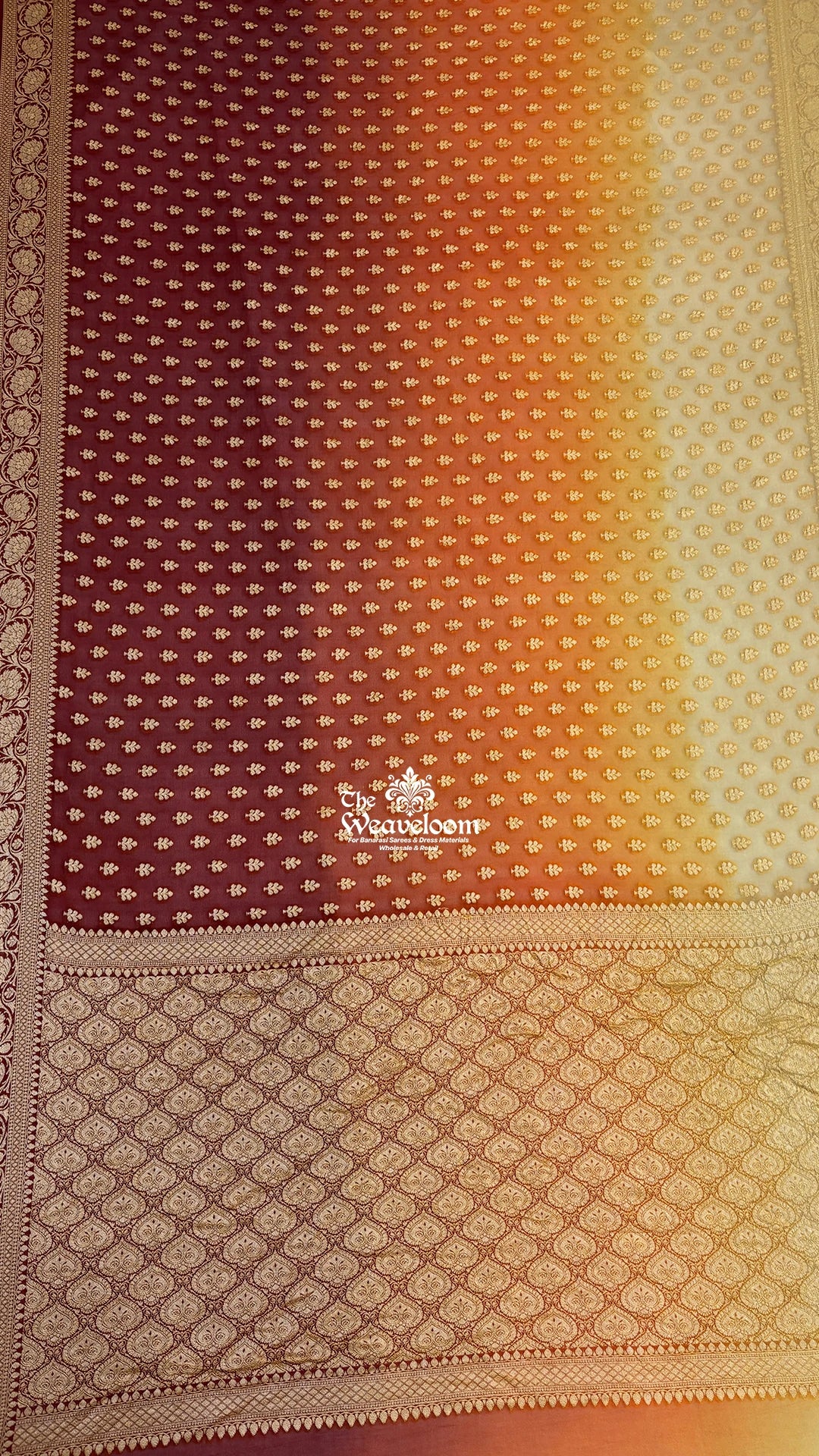 Maroon ombre triple shade booti pure crepe georgette Banarasi saree by The Weaveloom