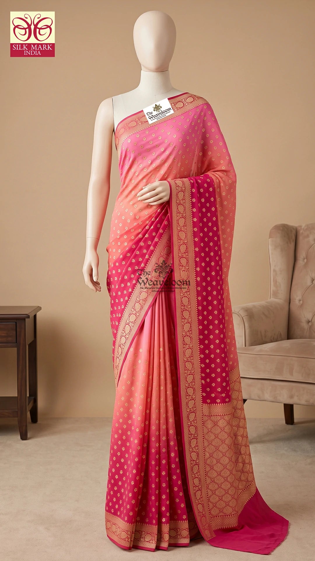 Maroon Pink Triple Shade Booti Pure Banarasi Saree by The Weaveloom