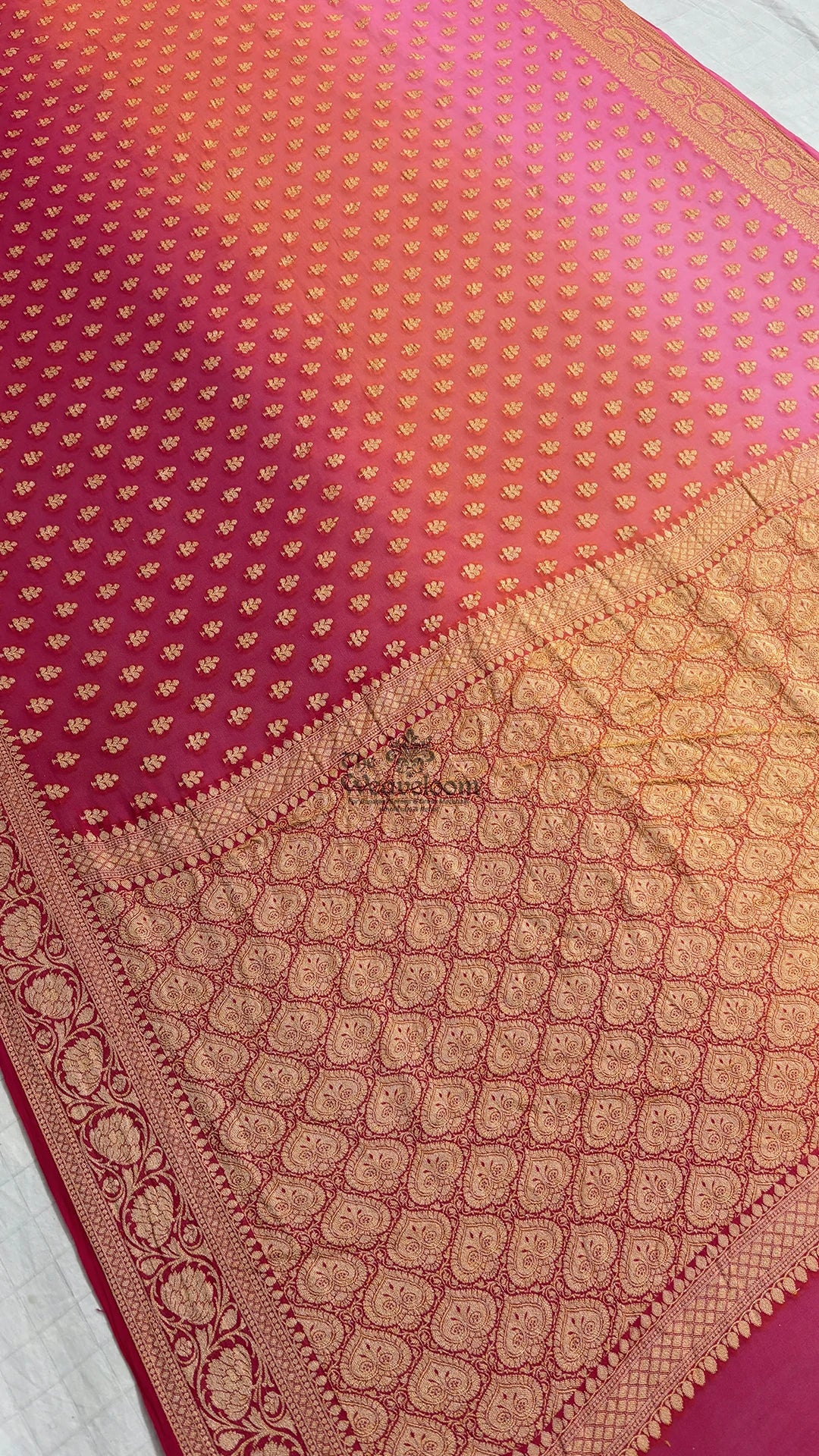 Maroon Pink Triple Shade Booti Pure Banarasi Saree by The Weaveloom
