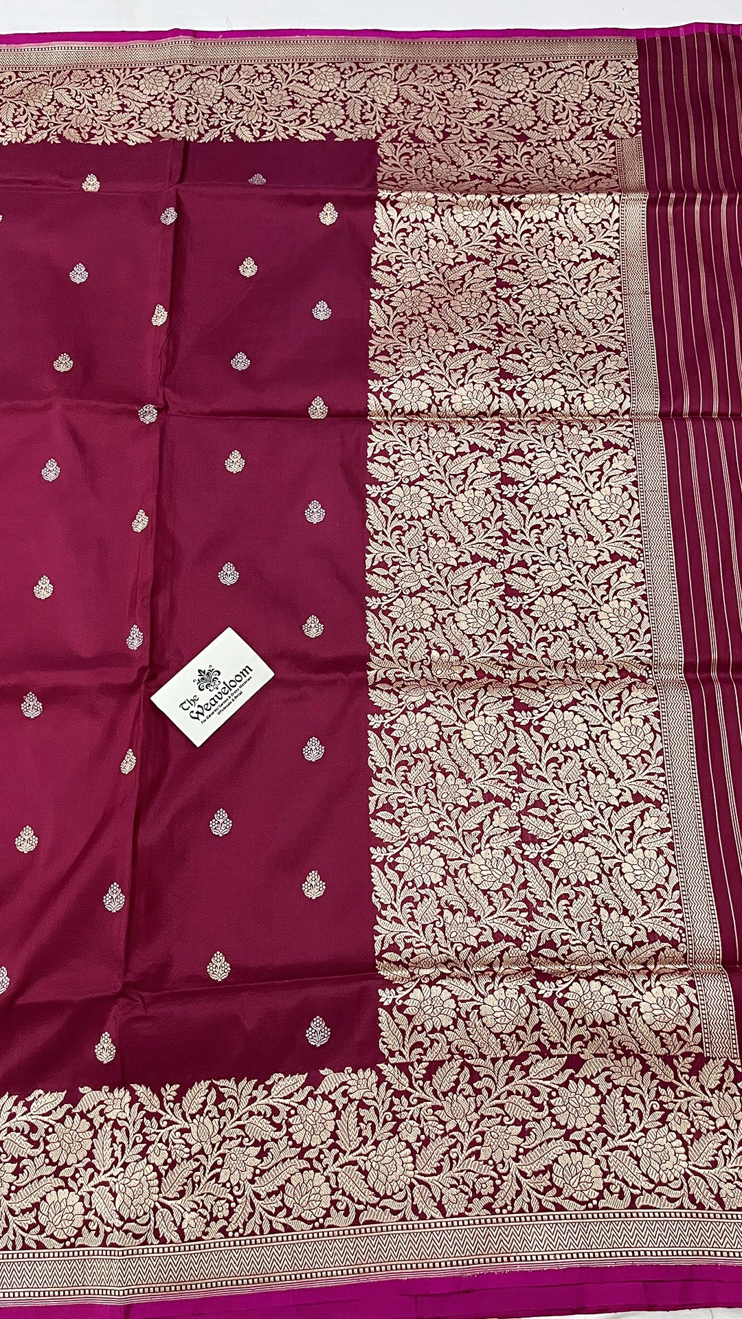 Maroon Pure Katan Silk Handloom Banarasi Saree with Gold Zari Border Floral Pallu by The Weaveloom