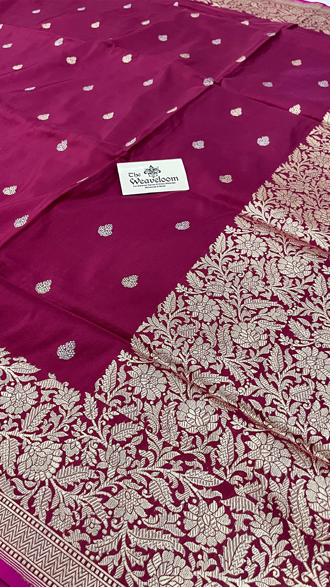 Maroon Pure Katan Silk Handloom Banarasi Saree with Gold Zari Border Floral Pallu by The Weaveloom
