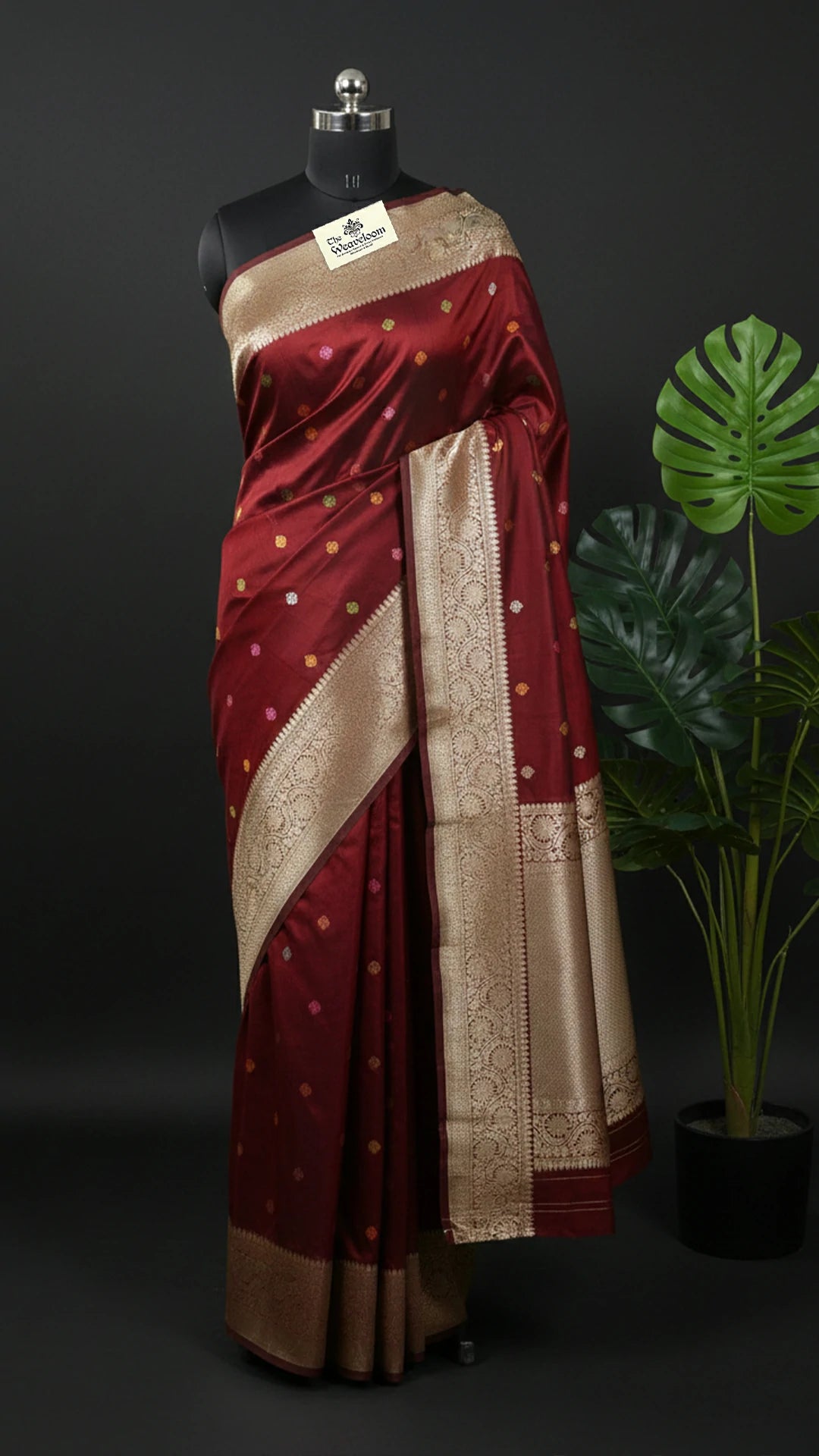 Maroon Pure Katan Silk Handloom Banarasi Saree with Multicolor Sona Rupa Buti and Rich Zari Border by The Weaveloom