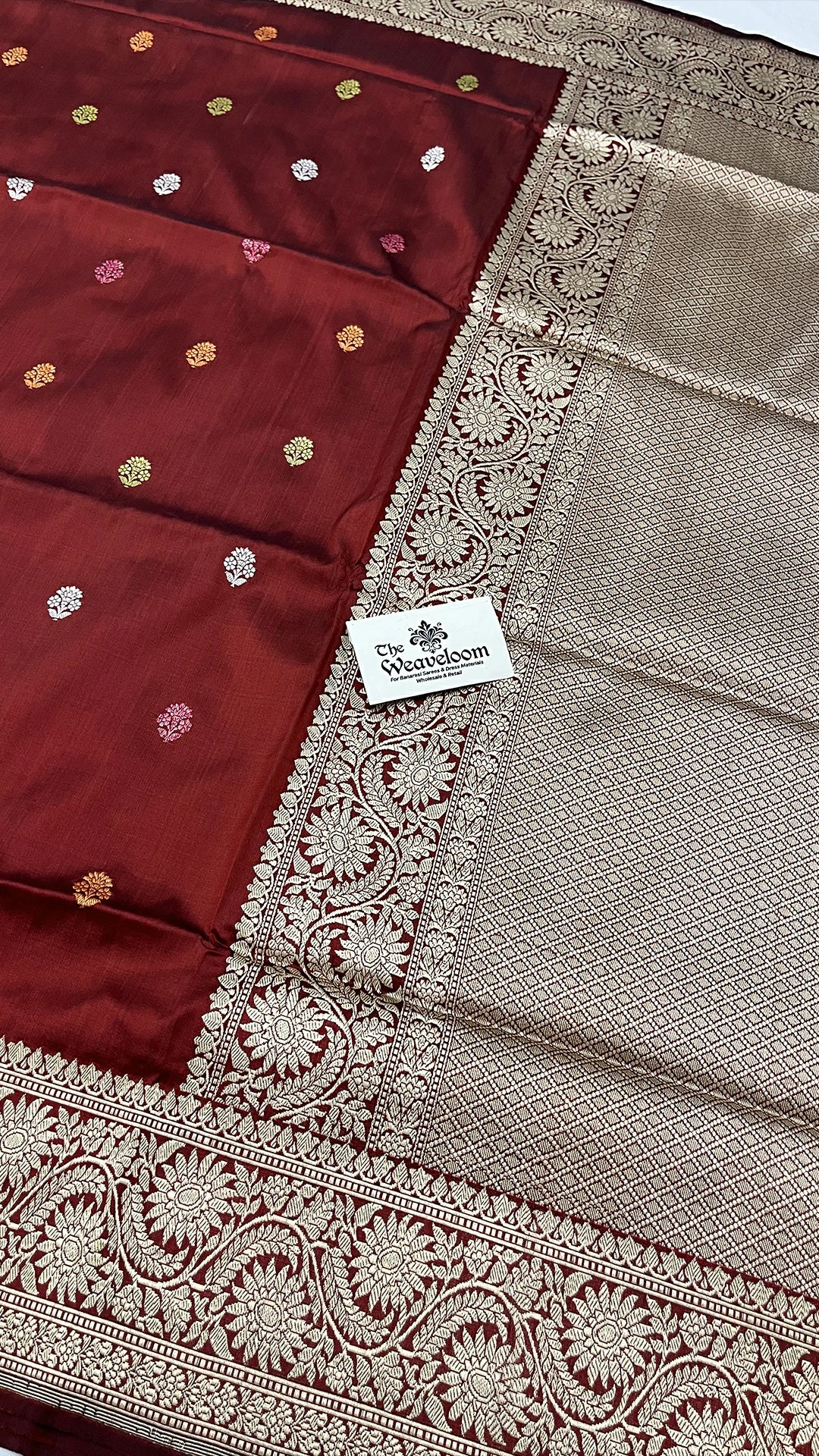 Maroon Pure Katan Silk Handloom Banarasi Saree with Multicolor Sona Rupa Buti and Rich Zari Border by The Weaveloom