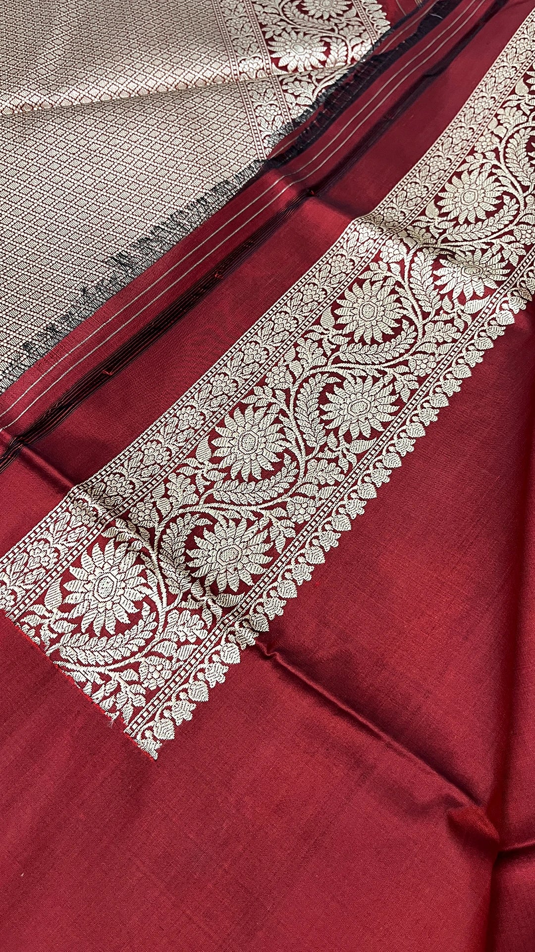 Maroon Pure Katan Silk Handloom Banarasi Saree with Multicolor Sona Rupa Buti and Rich Zari Border by The Weaveloom
