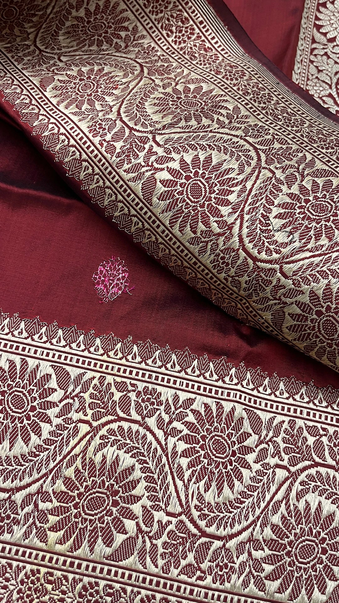 Maroon Pure Katan Silk Handloom Banarasi Saree with Multicolor Sona Rupa Buti and Rich Zari Border by The Weaveloom