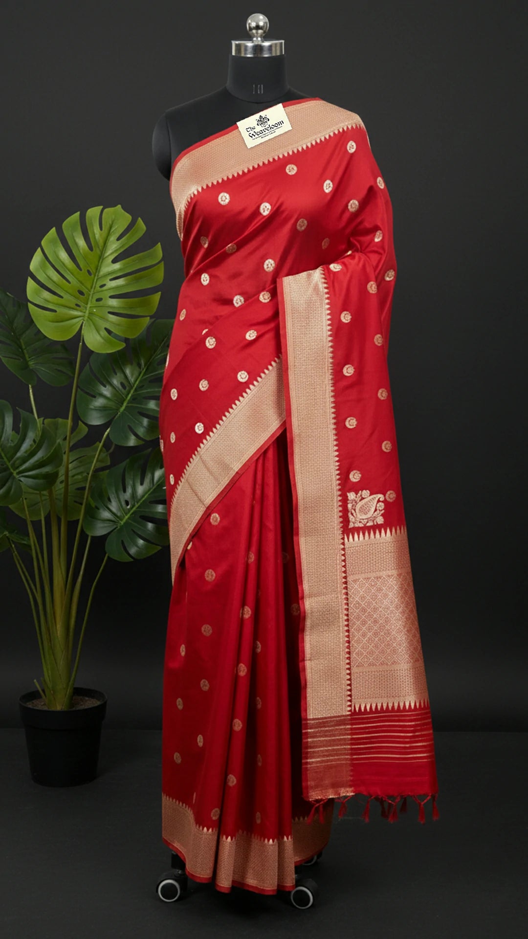 Maroon Pure Katan Silk Handloom Banarasi Saree with Sona Rupa Chand Tara Buti by The Weaveloom