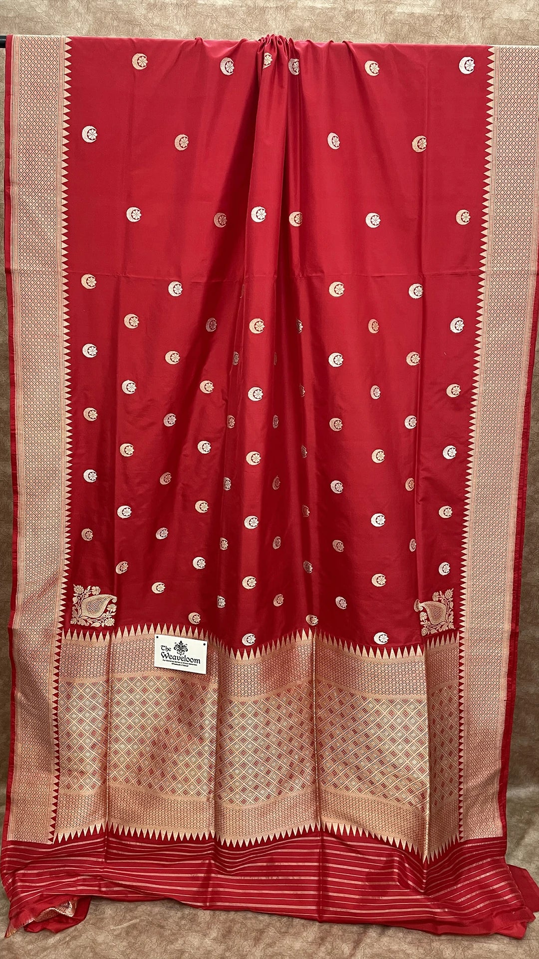 Maroon Pure Katan Silk Handloom Banarasi Saree with Sona Rupa Chand Tara Buti by The Weaveloom
