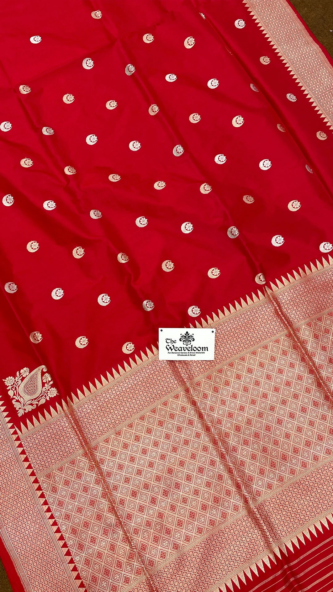 Maroon Pure Katan Silk Handloom Banarasi Saree with Sona Rupa Chand Tara Buti by The Weaveloom