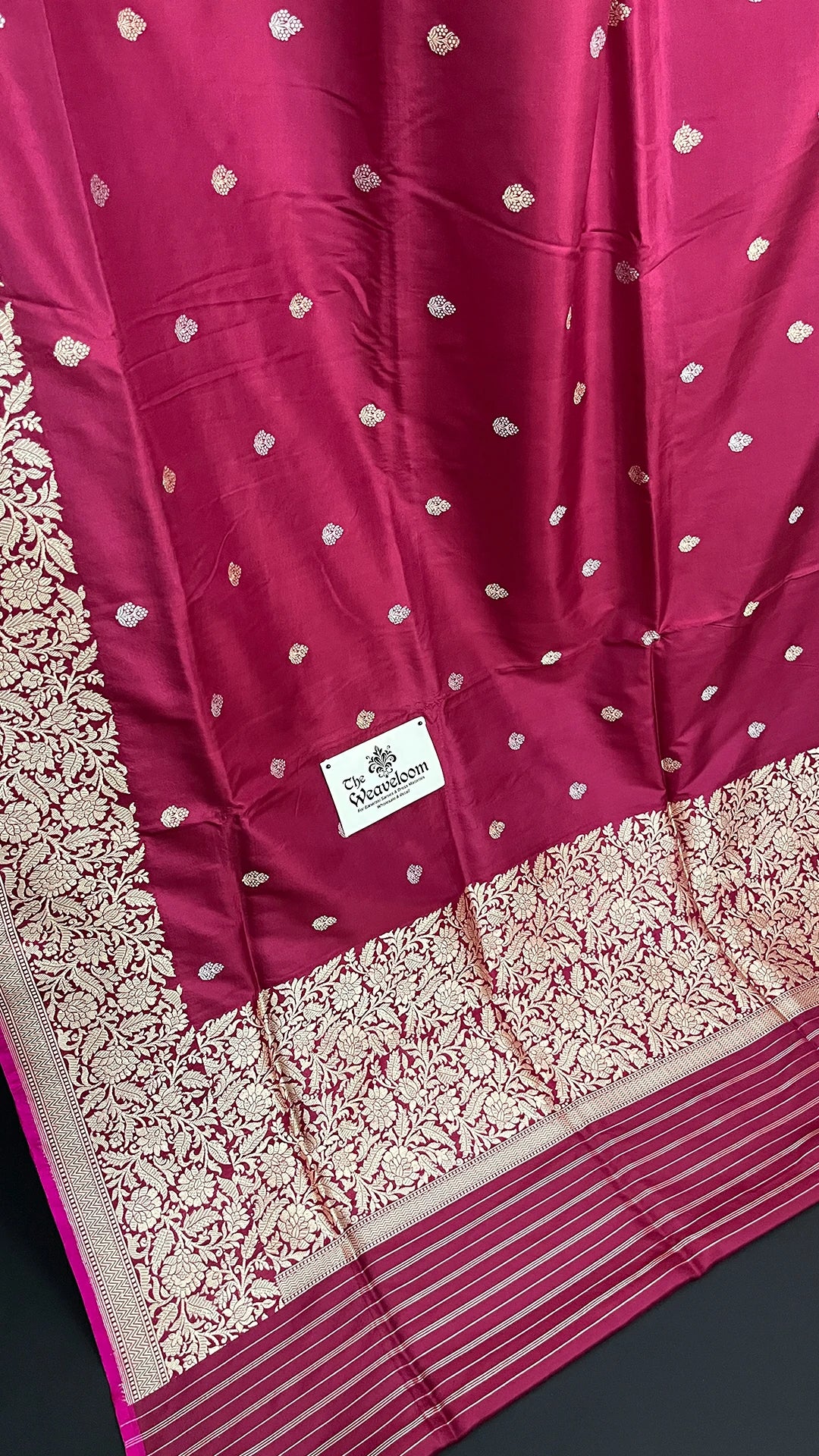 Maroon Pure Katan Silk Kadwa Handloom Banarasi Saree Gold Zari Buti Floral Border — The Weaveloom