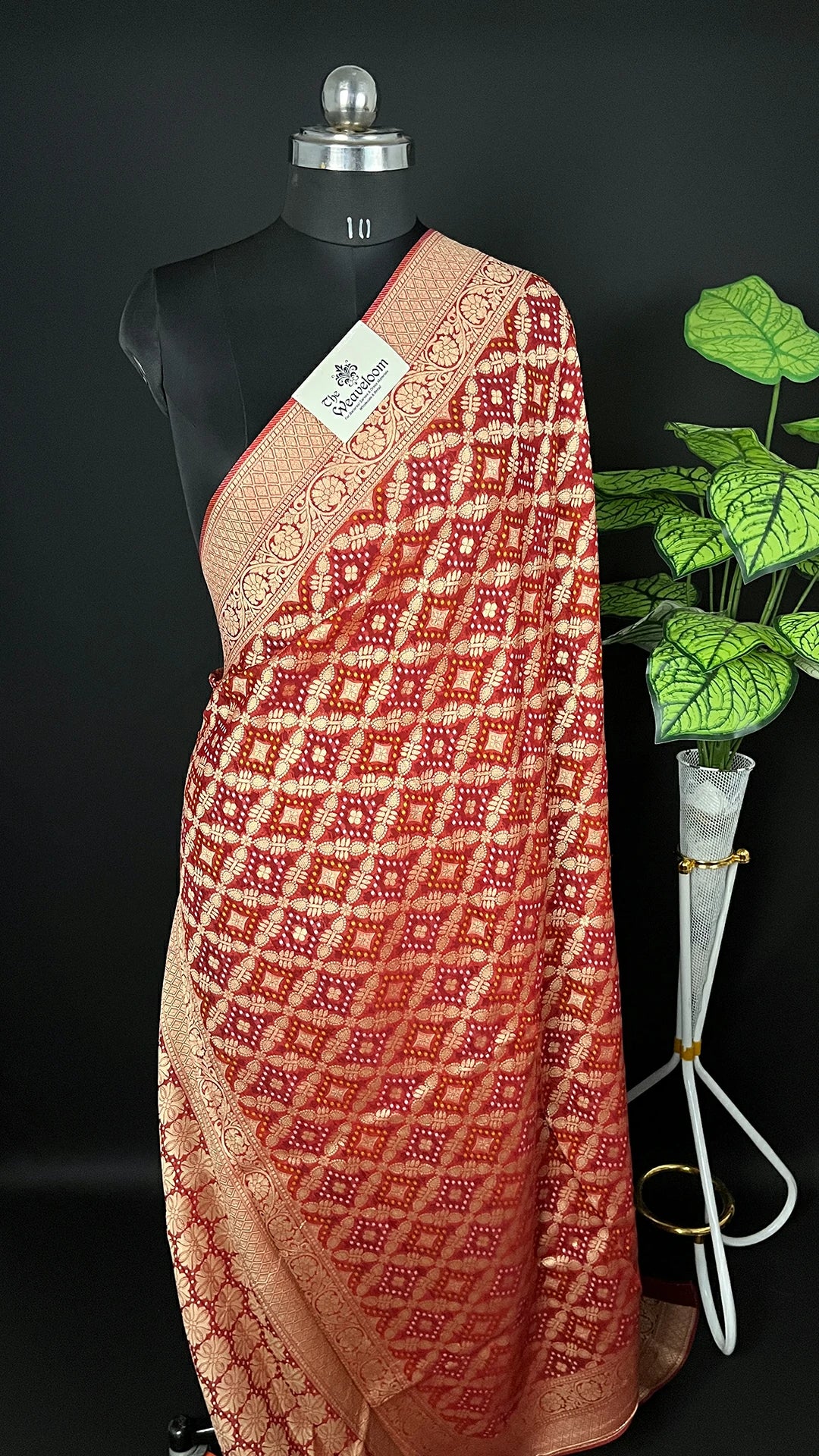 Maroon Pure Viscose Georgette Bandhej Style Meenakari Dupatta - The Weaveloom | maroon viscose georgette bandhej meenakari dupatta with rich gold border and floral pallu