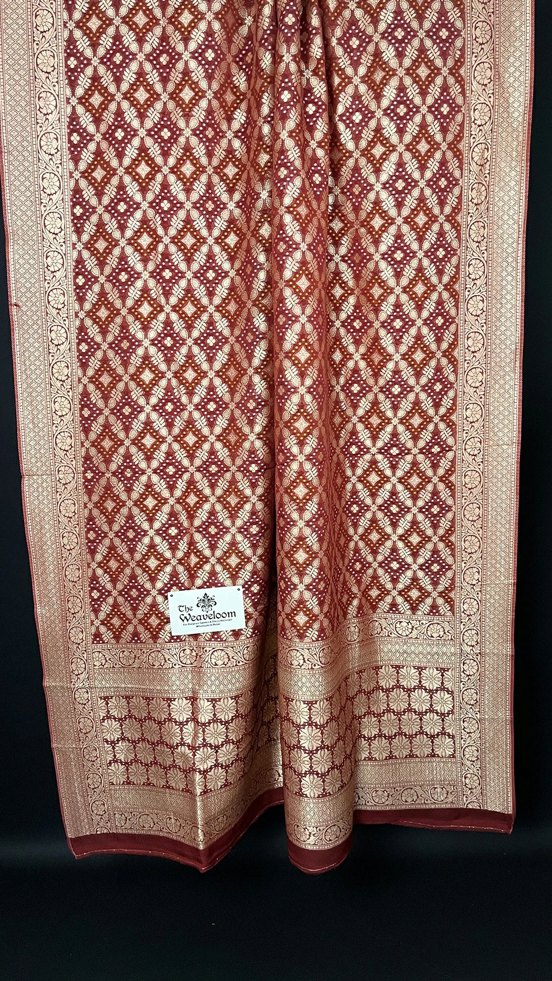Maroon Pure Viscose Georgette Bandhej Style Meenakari Dupatta - The Weaveloom | maroon viscose georgette bandhej meenakari dupatta with rich gold border and floral pallu