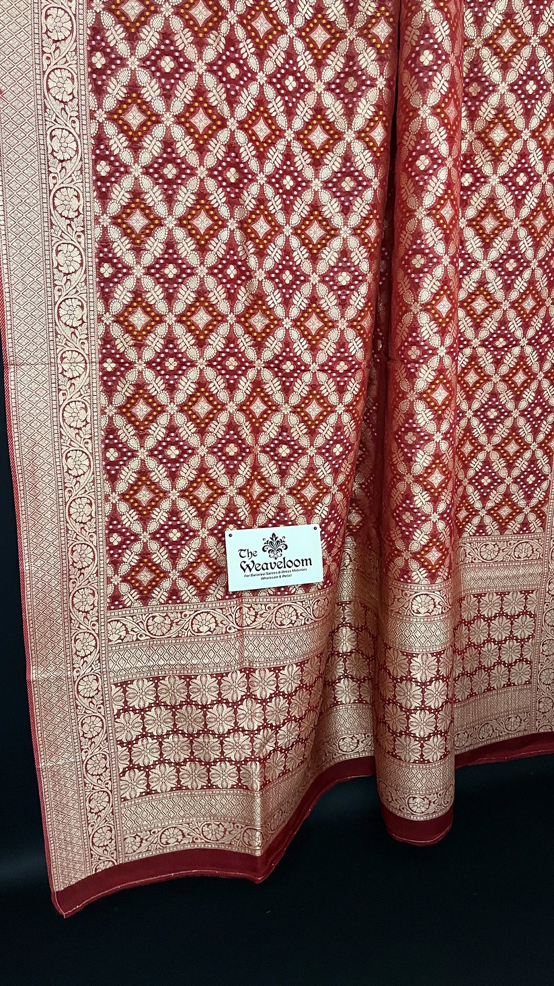 Maroon Pure Viscose Georgette Bandhej Style Meenakari Dupatta - The Weaveloom | maroon viscose georgette bandhej meenakari dupatta with rich gold border and floral pallu