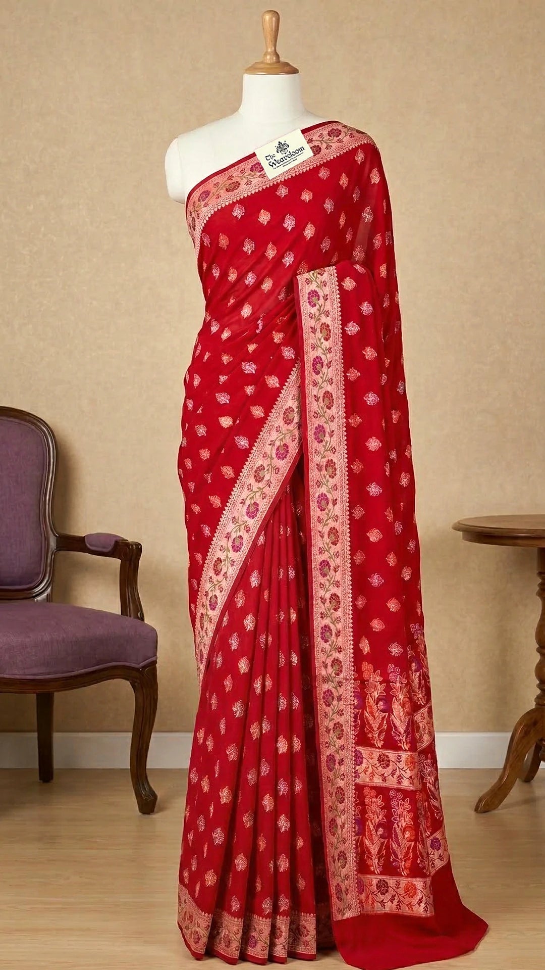 Maroon Red Crepe Georgette Meenakari Banarasi Saree with Golden Zari Floral Border The Weaveloom