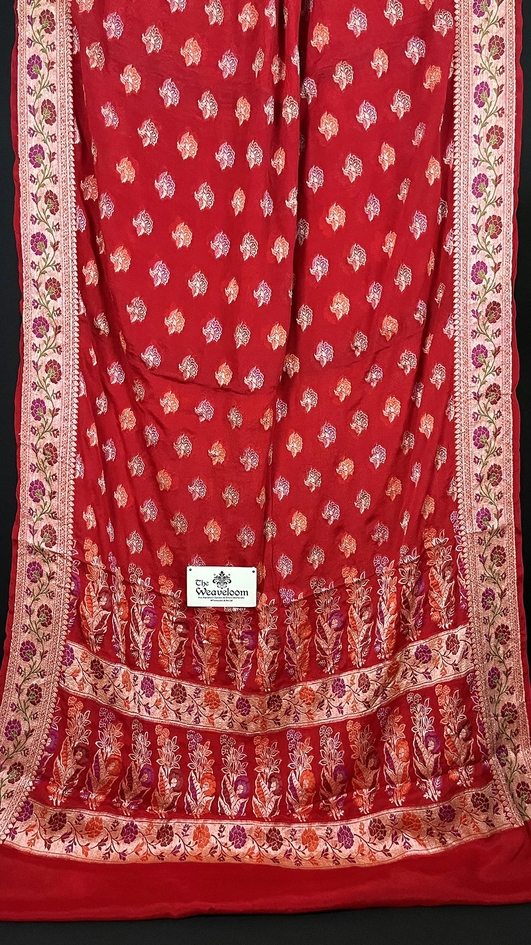 Maroon Red Crepe Georgette Meenakari Banarasi Saree with Golden Zari Floral Border The Weaveloom