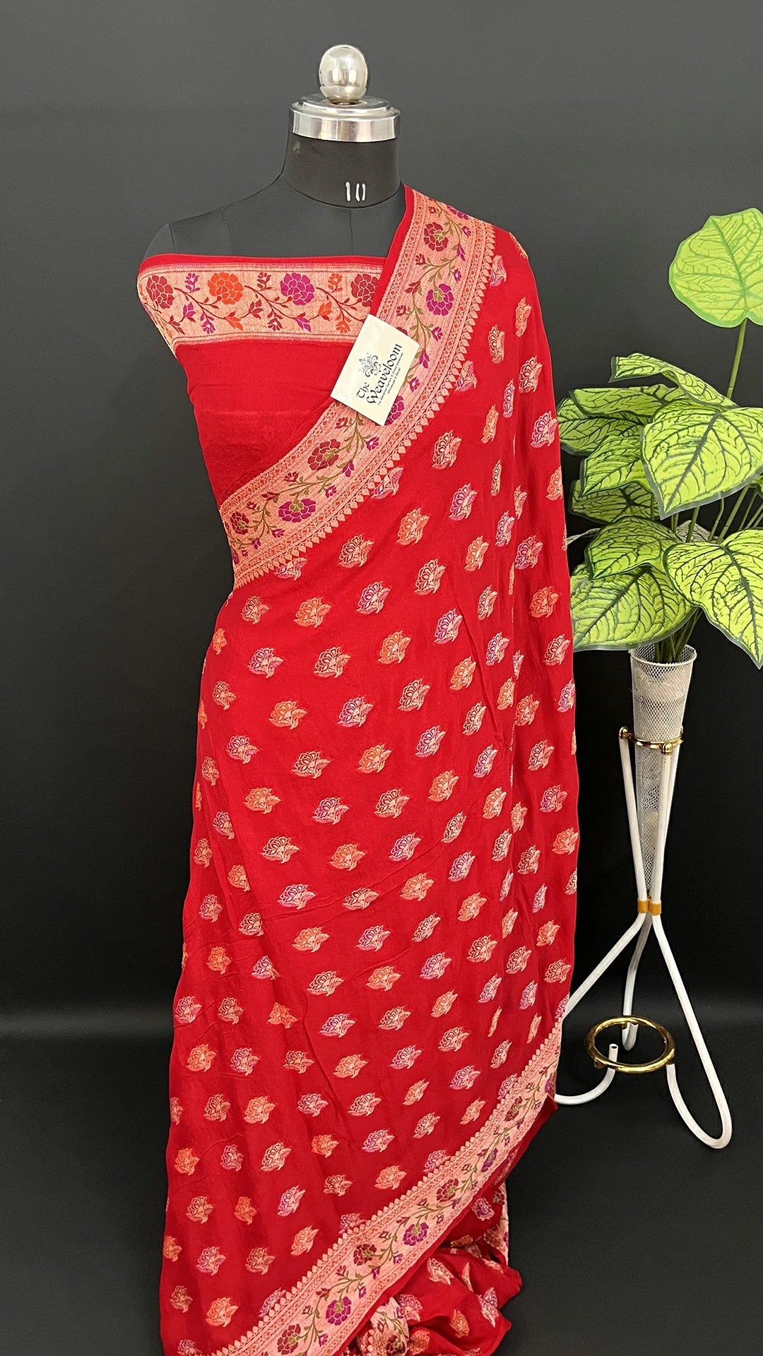 Maroon Red Crepe Georgette Meenakari Banarasi Saree with Golden Zari Floral Border The Weaveloom