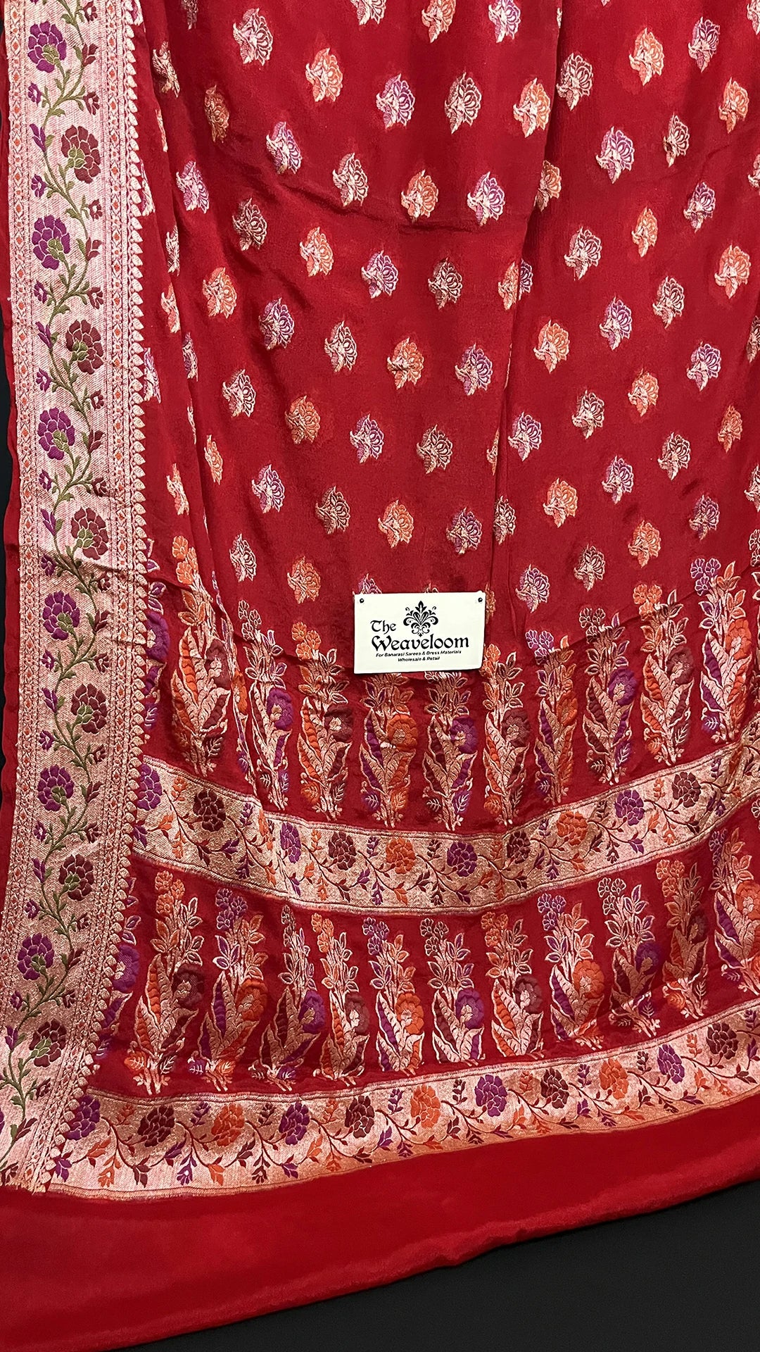Maroon Red Crepe Georgette Meenakari Banarasi Saree with Golden Zari Floral Border The Weaveloom