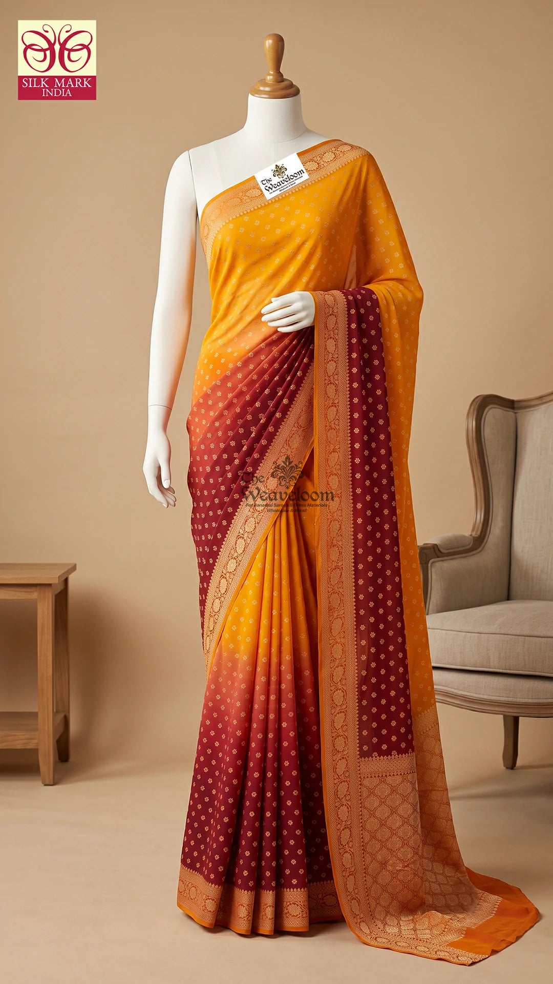 Maroon Yellow Triple Shade Booti Crepe Georgette Pure Banarasi Saree by The Weaveloom