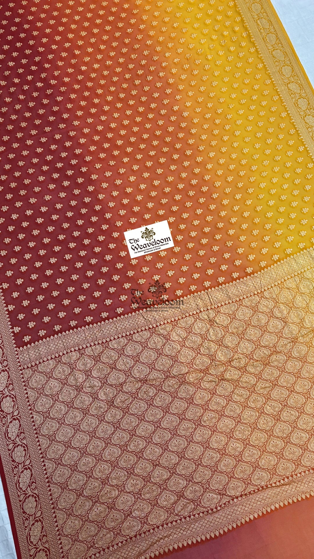 Maroon Yellow Triple Shade Booti Crepe Georgette Pure Banarasi Saree by The Weaveloom